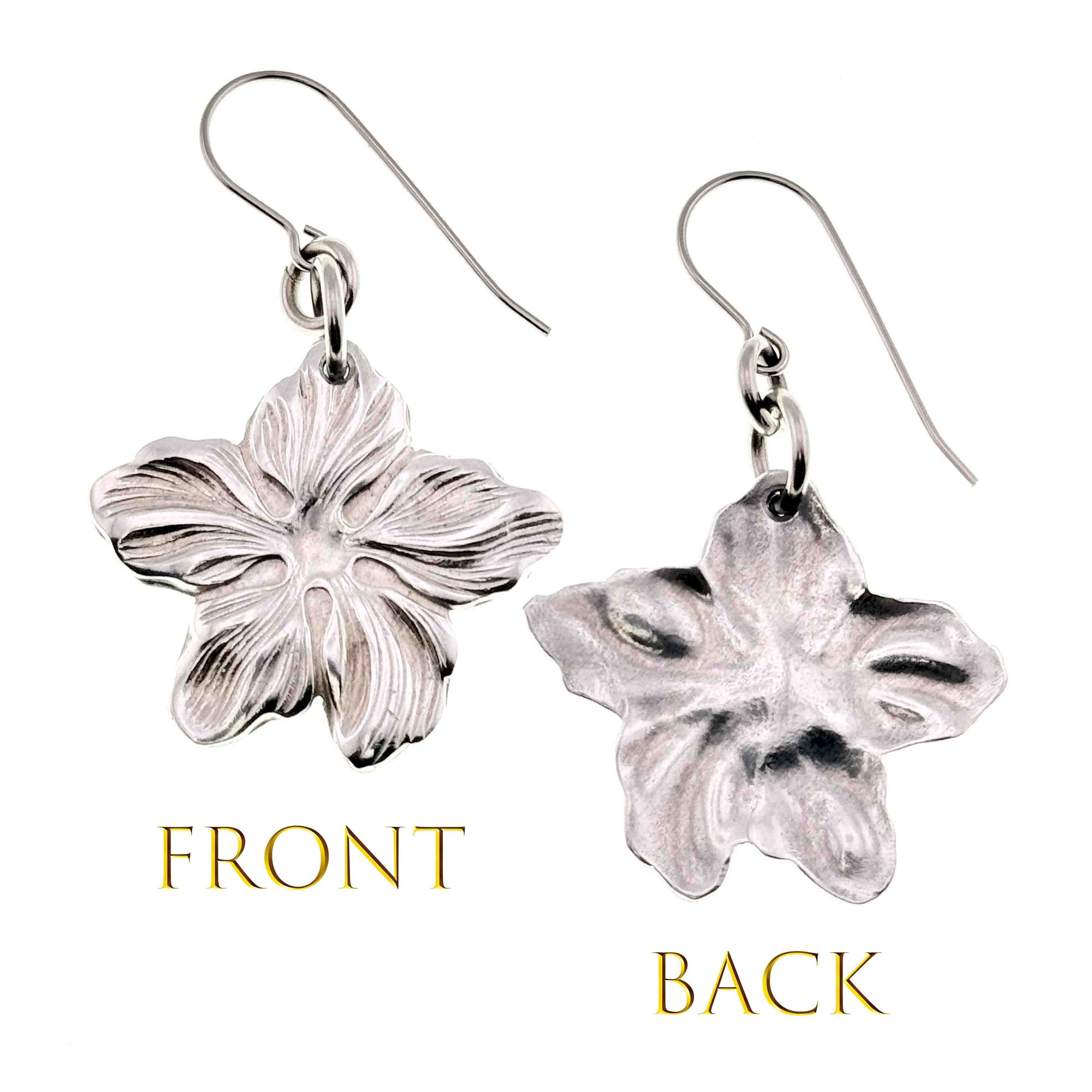 Front and Back Views of Aluminum Hibiscus Flower Dangle Earrings