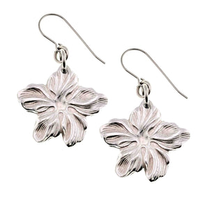 1 of 7: A Pair of Aluminum Hibiscus Flower Dangle Earrings on a White Background