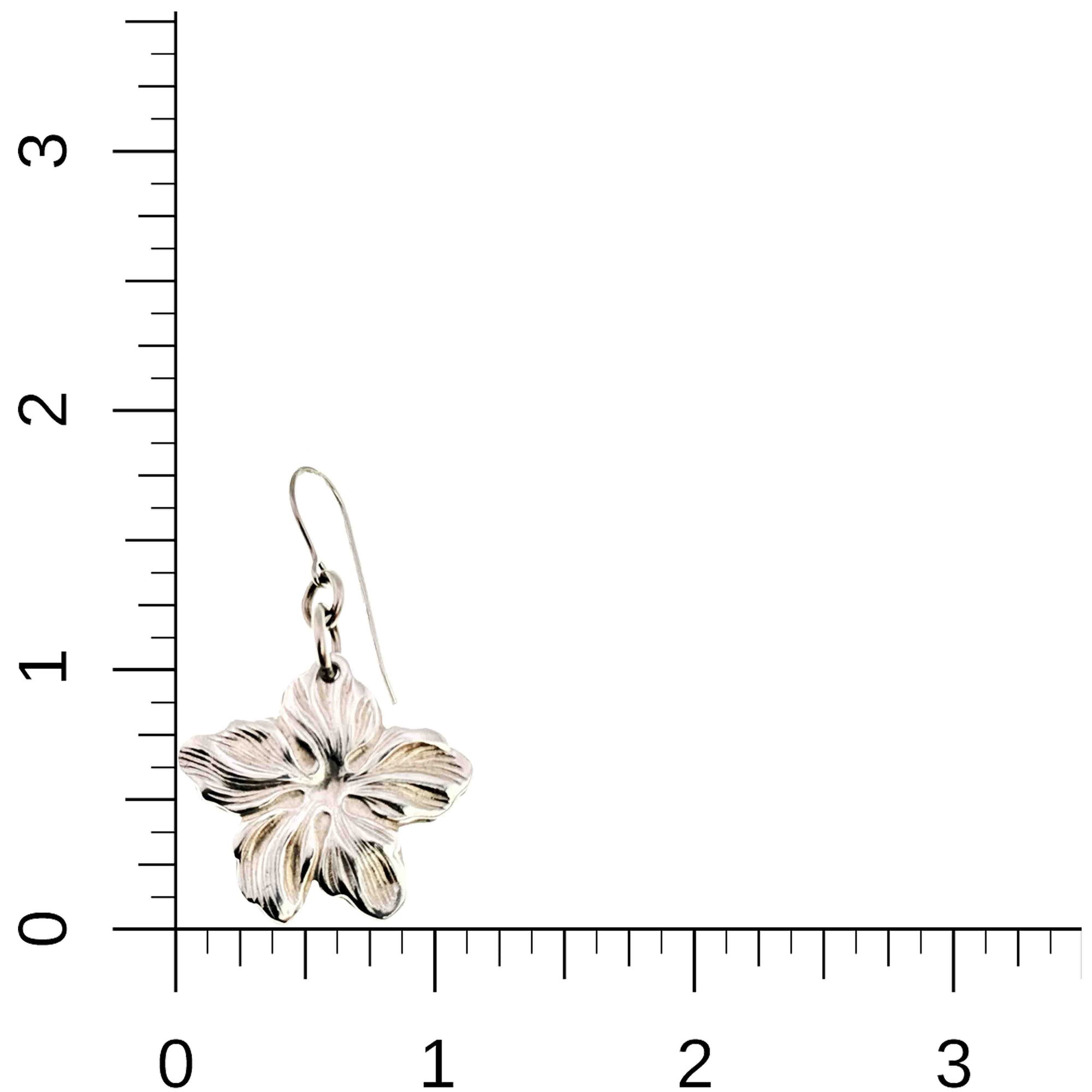 Aluminum Hibiscus Flower Dangle Earrings on a Ruler for Size Dimensions