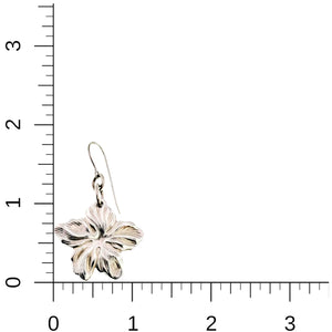 5 of 7: Aluminum Hibiscus Flower Dangle Earrings on a Ruler for Size Dimensions