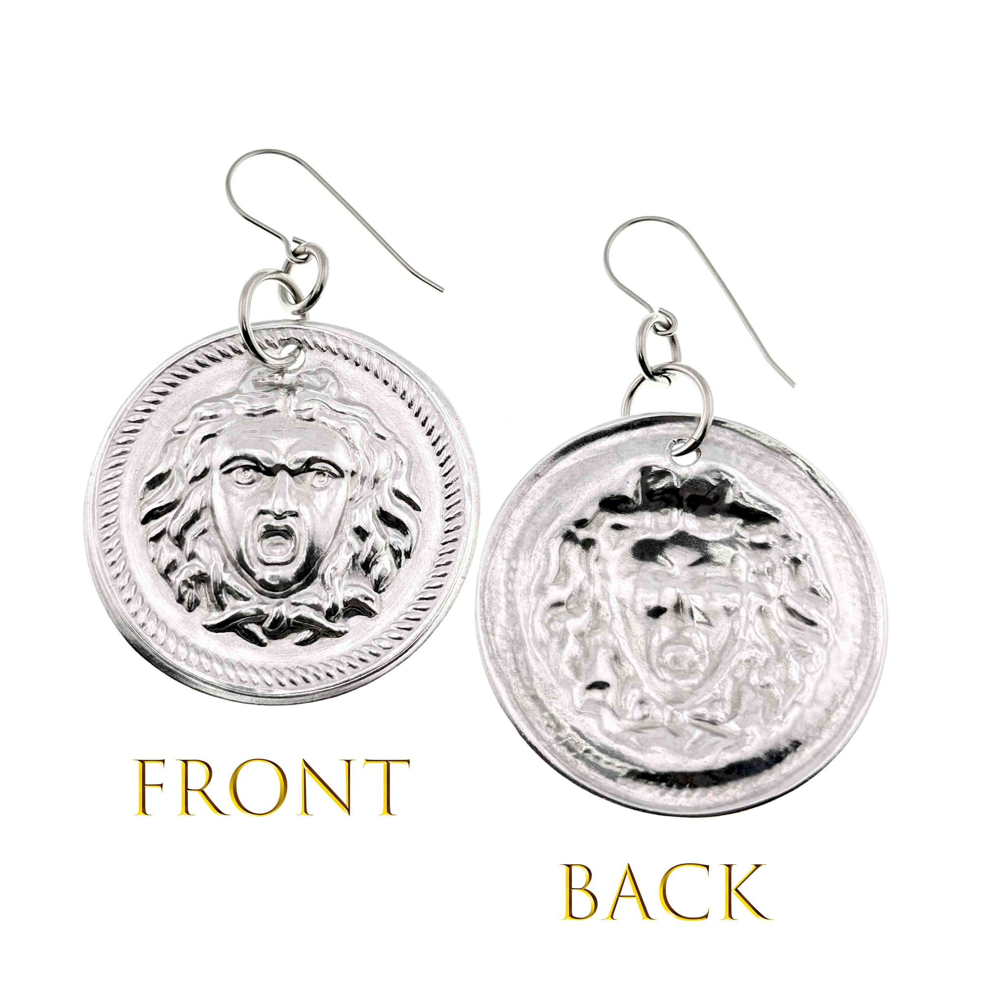 Aluminum Medusa Disc Drop Earrings showing front and back views on a white background.