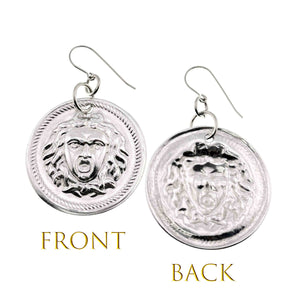 3 of 7: Aluminum Medusa Disc Drop Earrings showing front and back views on a white background.