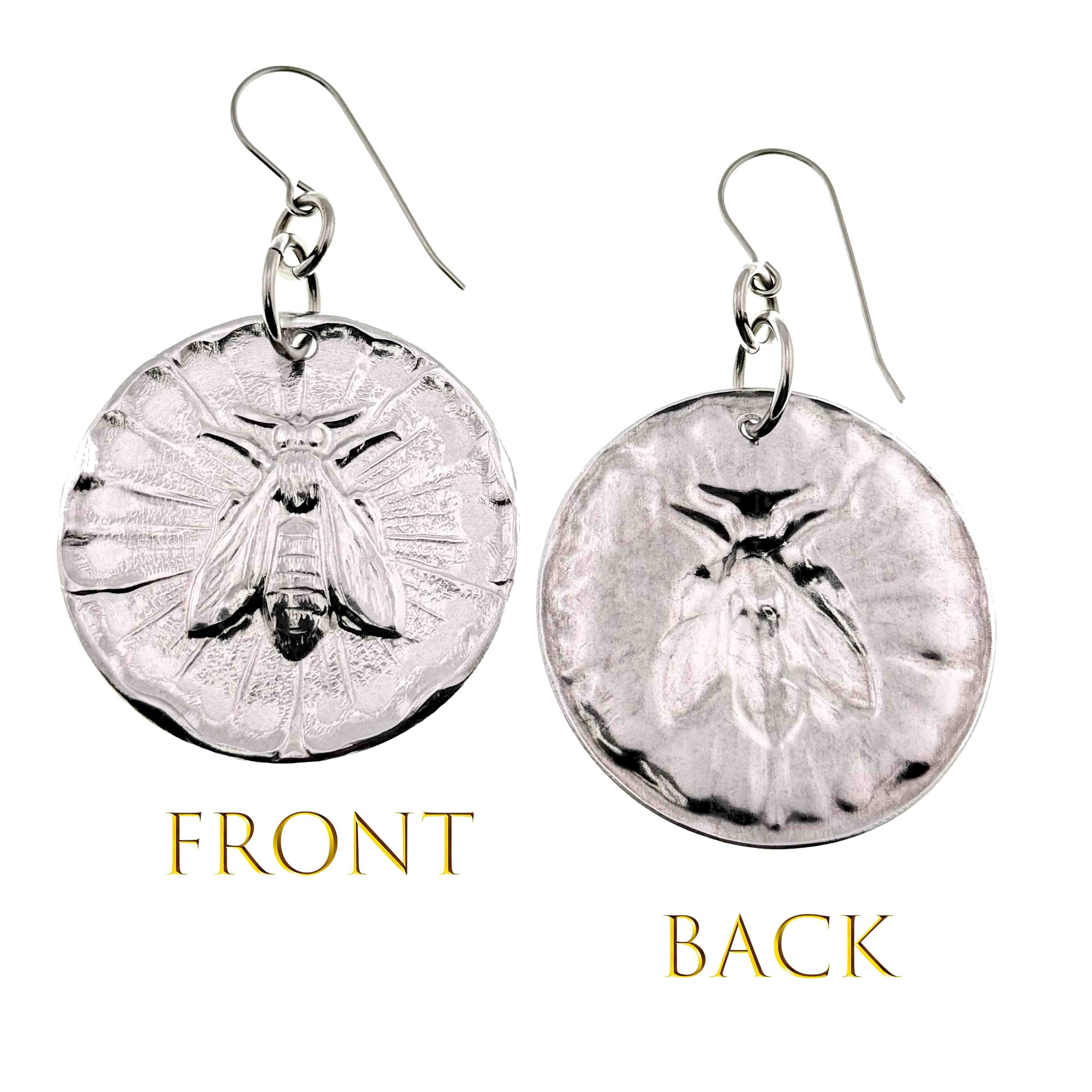 Front and Back views of silver toned Aluminum earrings with bee design on a white background