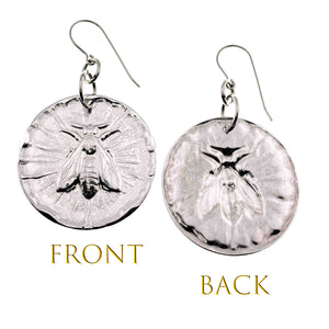 3 of 7: Front and Back views of silver toned Aluminum earrings with bee design on a white background