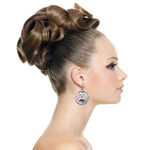 2 of 7: Woman with styled hair bun wearing Aluminum Queen Bee Disc Drop Earrings on a white background