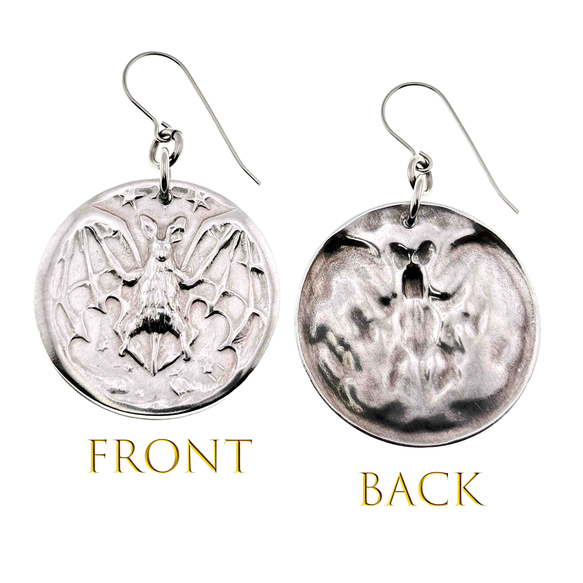 Aluminum Vampire Bat Disc Dangle Earrings showing front and back designs on a white background