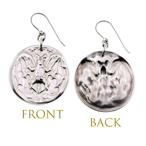 3 of 7: Aluminum Vampire Bat Disc Dangle Earrings showing front and back designs on a white background