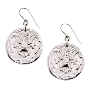 1 of 7: Aluminum Vampire Bat Disc Dangle Earrings with intricate designs on a white background