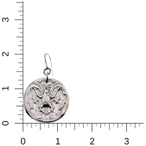 5 of 7: Aluminum Vampire Bat Disc Dangle Earring with intricate design on a white background with measurement scale