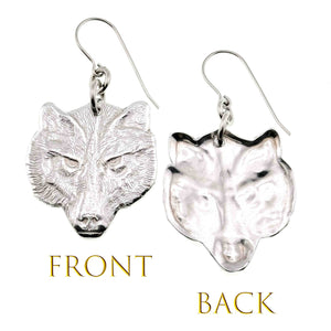3 of 7: Front and Back Views of Aluminum Wolf Head Earrings