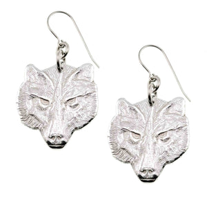 1 of 7: A Pair of Aluminum Wolf Head Earrings on a White Background