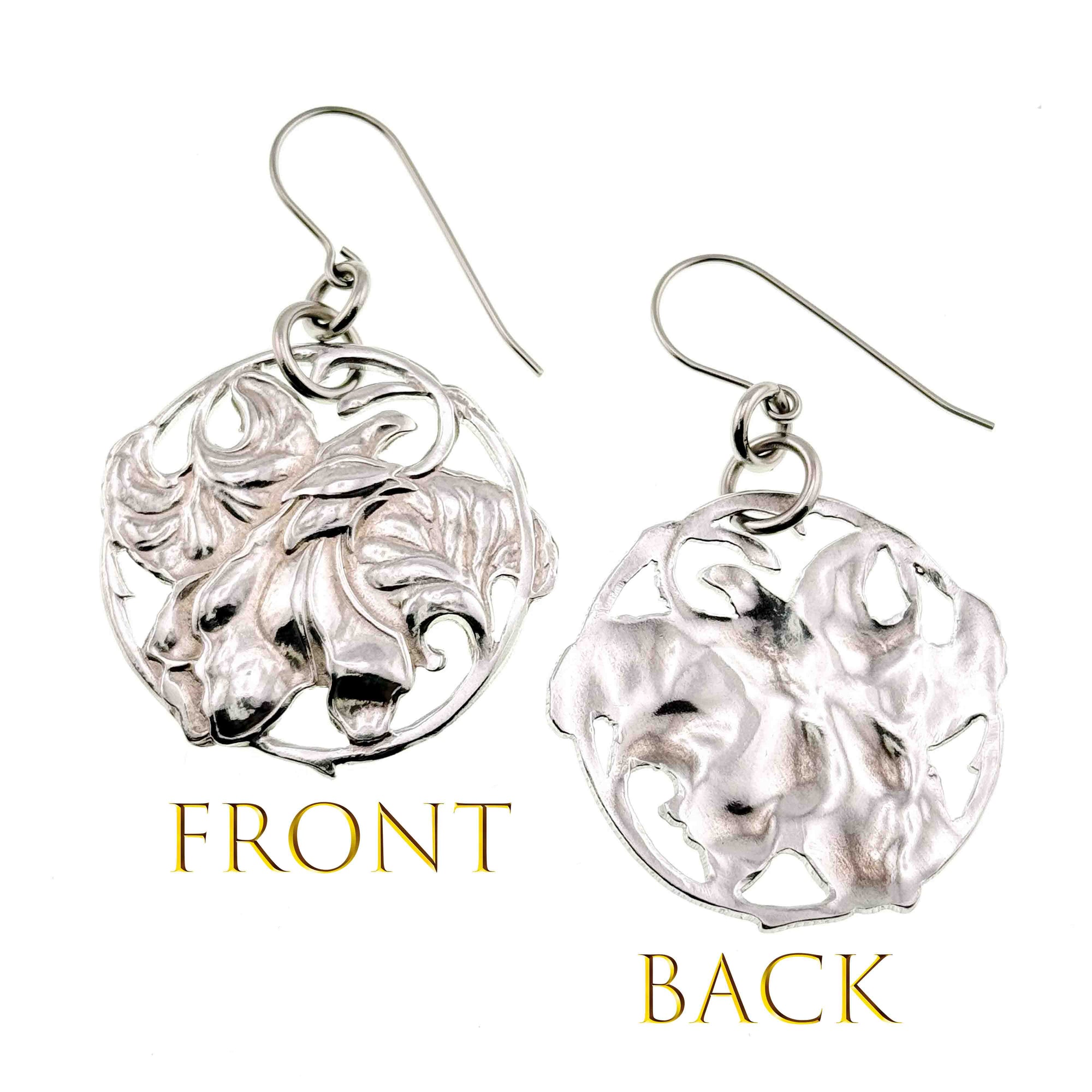 Front and Back Views of Art Nouveau Aluminum Lily Flower Disc Drop Earrings 