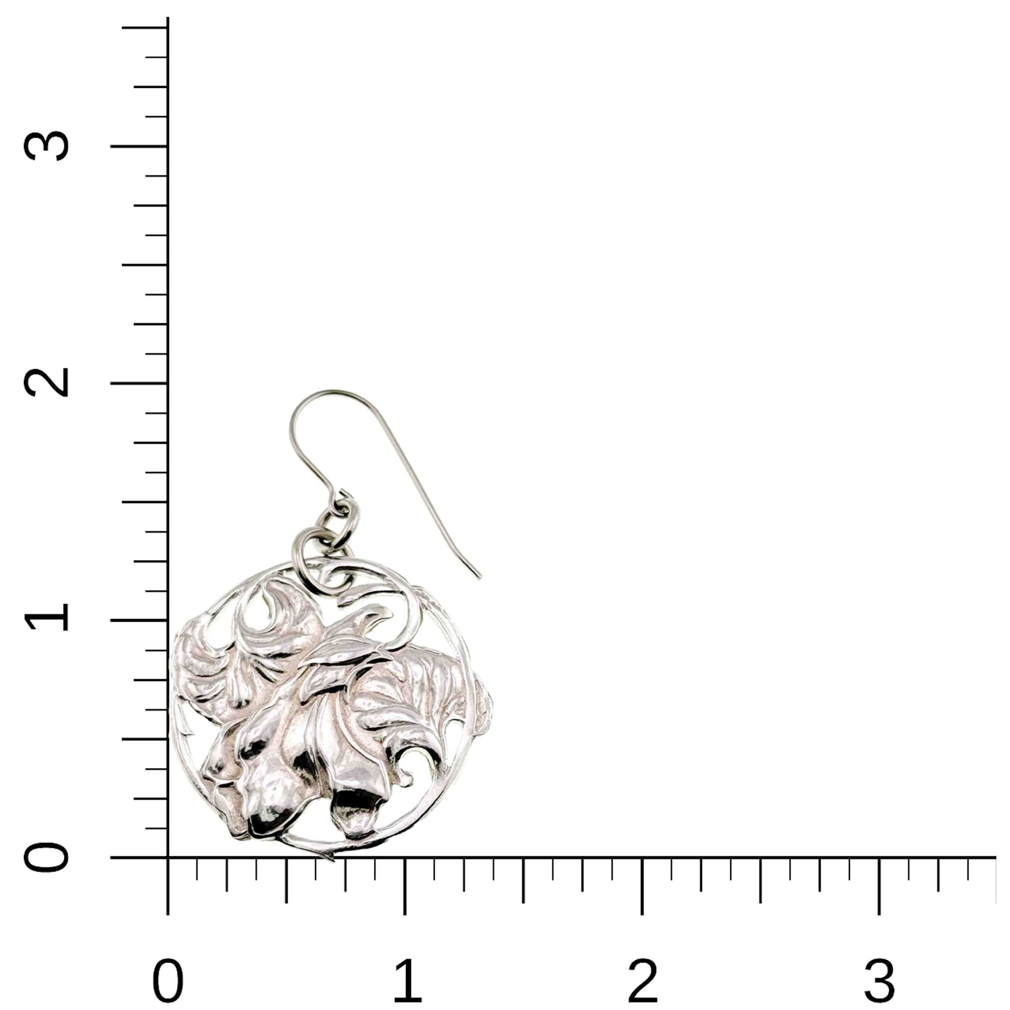 Art Nouveau Aluminum Lily Flower Disc Drop Earring on a white background with a ruler for scale.