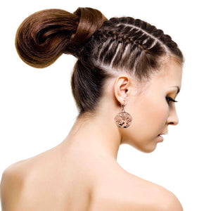 3 of 6: A Stunning Woman Wearing Art Nouveau Copper Lily Flower Disc Earrings