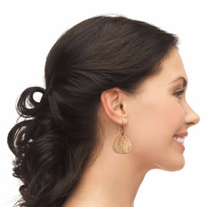 4 of 8: Fashionable Woman Wearing Bark Embossed Copper Triangular Teardrop Earrings