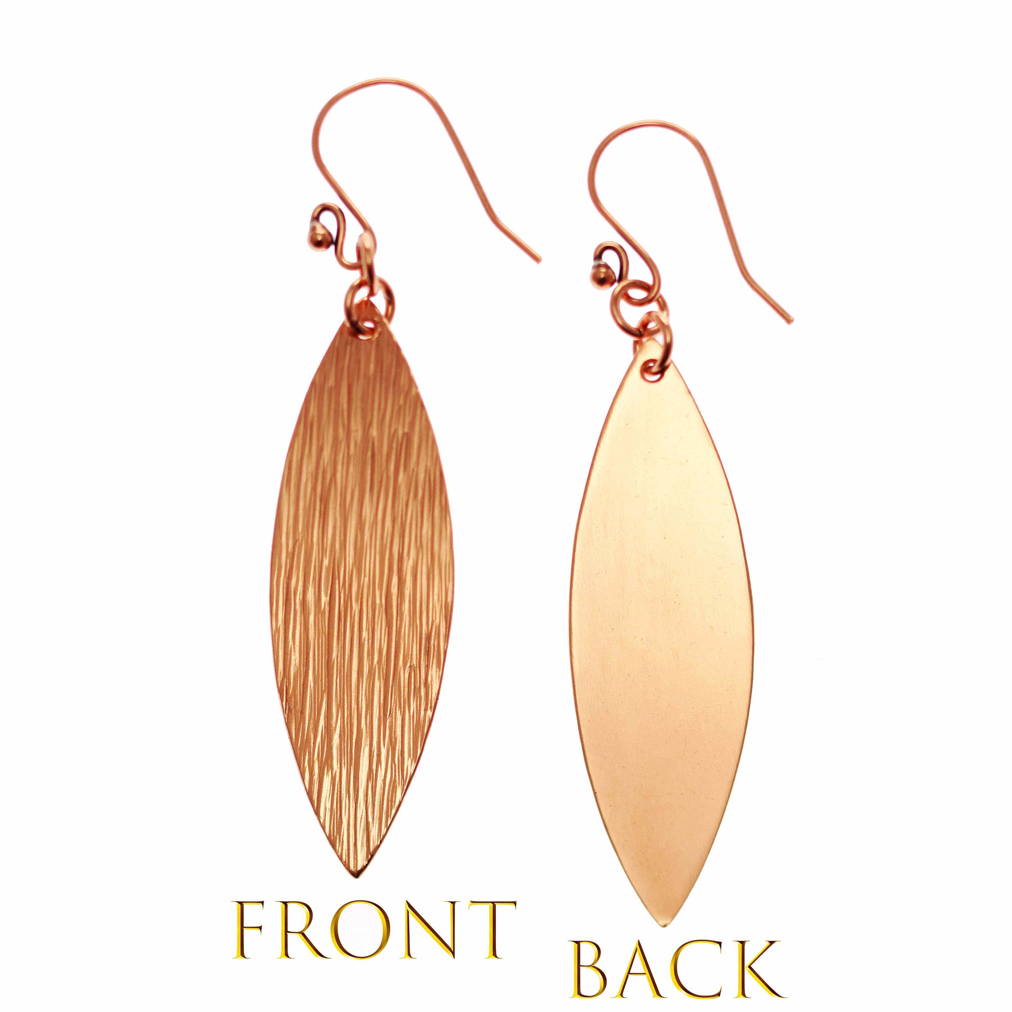 Bark Embossed Copper Leaf Drop Earrings Front and Back Views