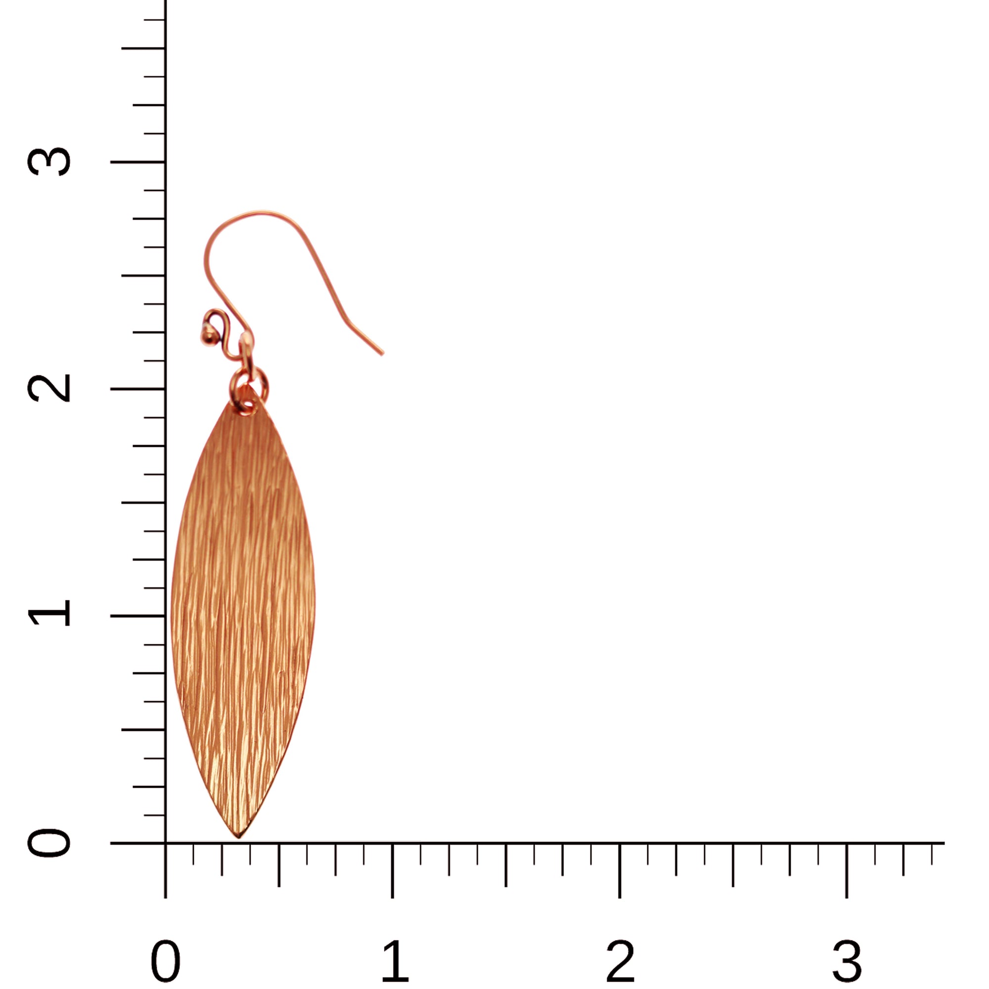 Bark Embossed Copper Leaf Drop Earrings on Ruler for Size Dimensions