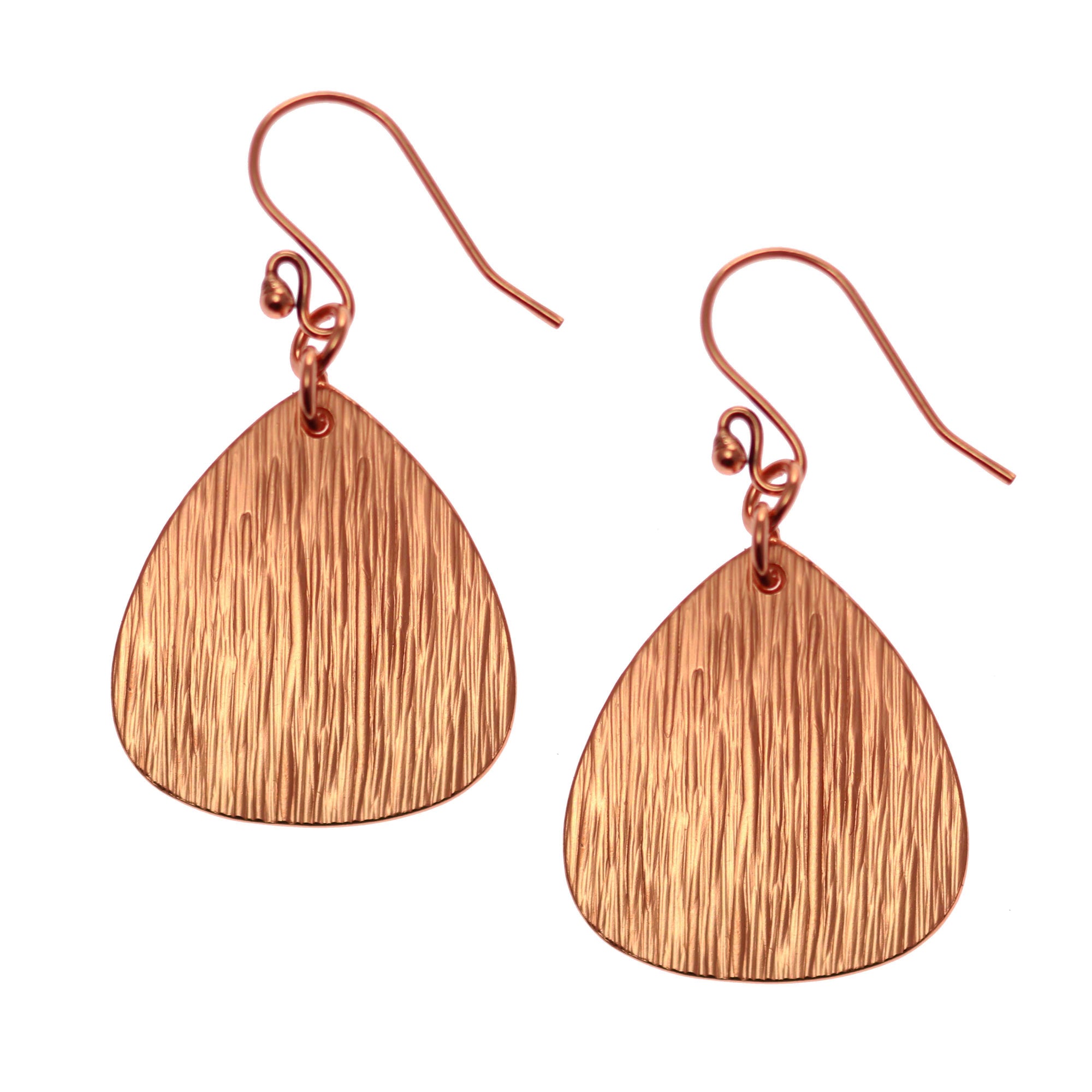 A Pair of Bark Embossed Copper Triangular Teardrop Earrings on a White Background