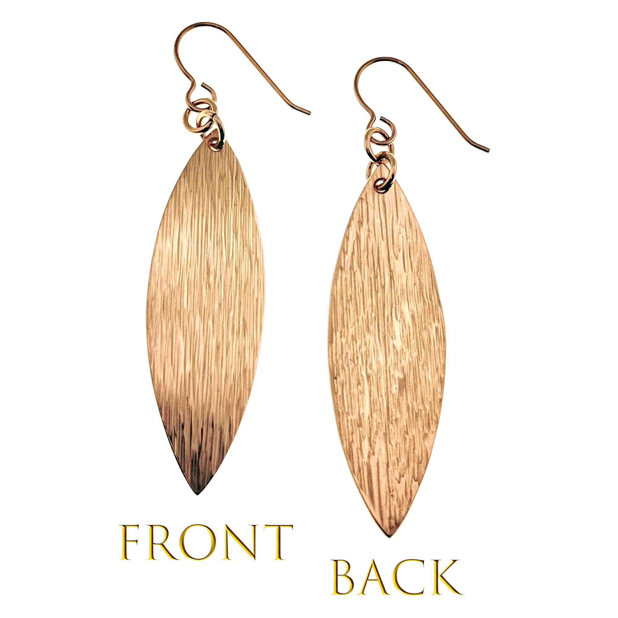 Bronze Bark Leaf Drop Earrings showing front and back views on a white background.
