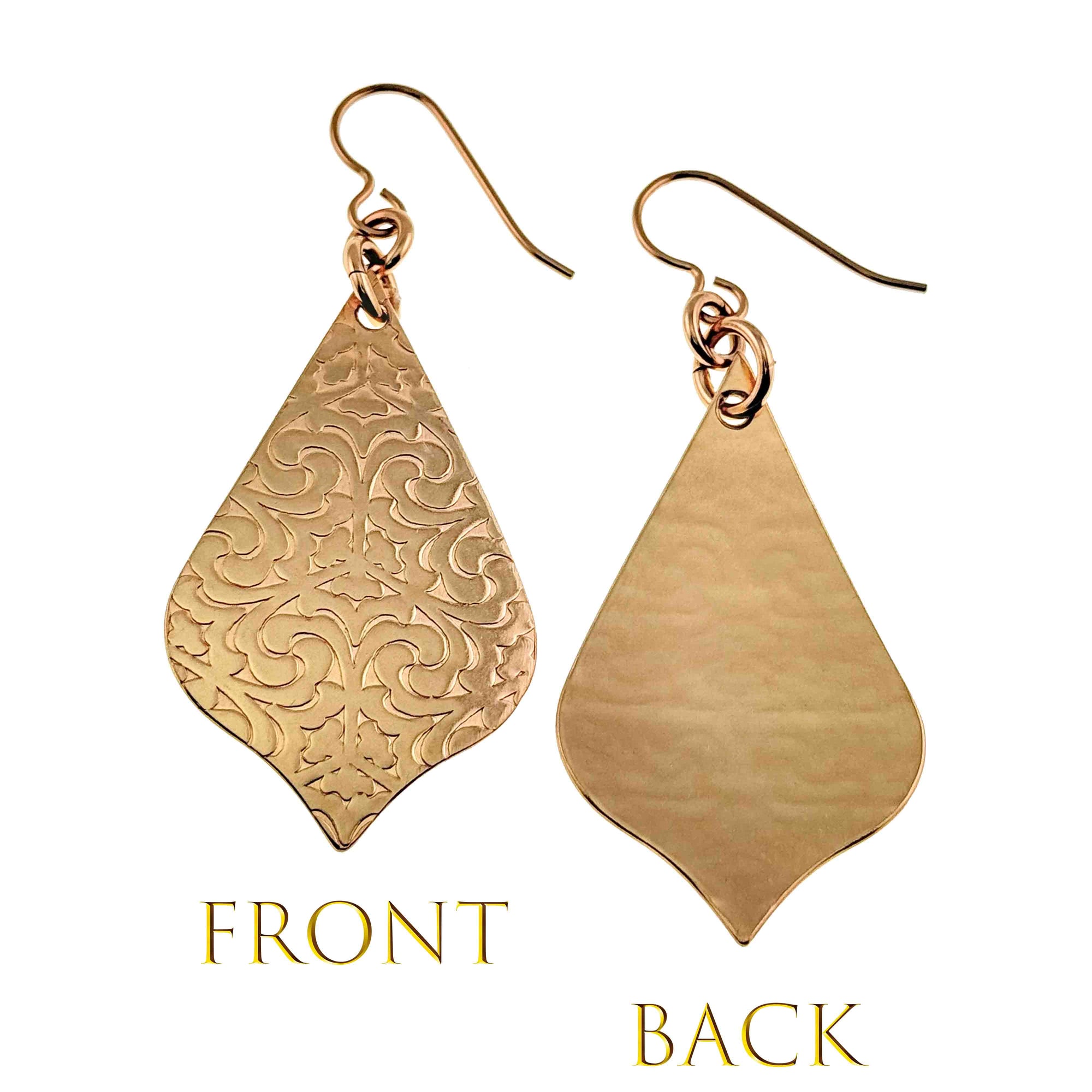 Bronze Damask Arabesque Drop Earrings showing front and back designs on a white background