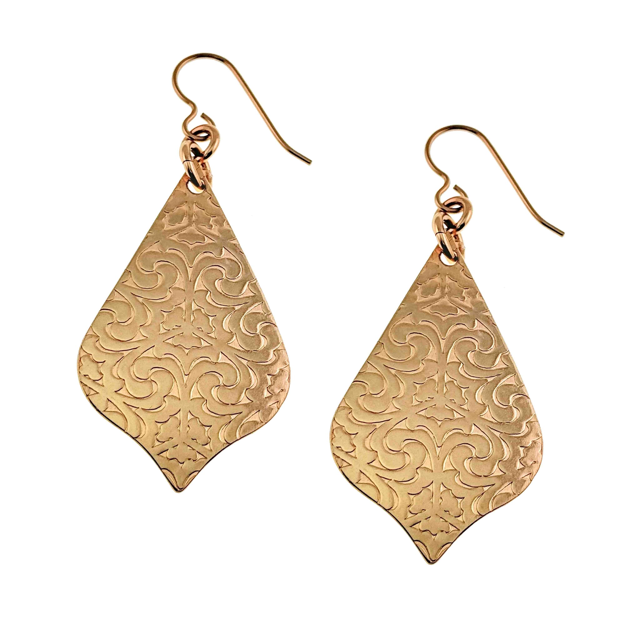 Bronze Damask Arabesque Drop Earrings  with intricate patterns on a white background