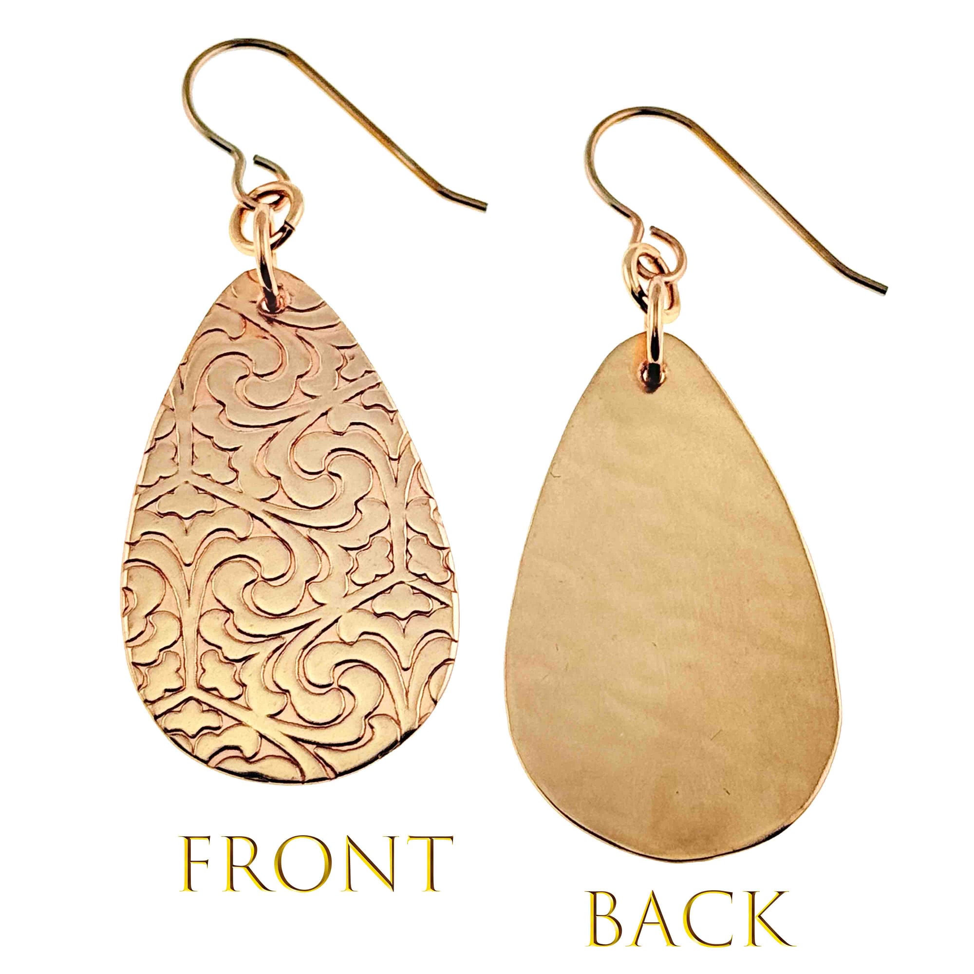 Bronze Damask Teardrop Earrings showing front and back designs on a white background