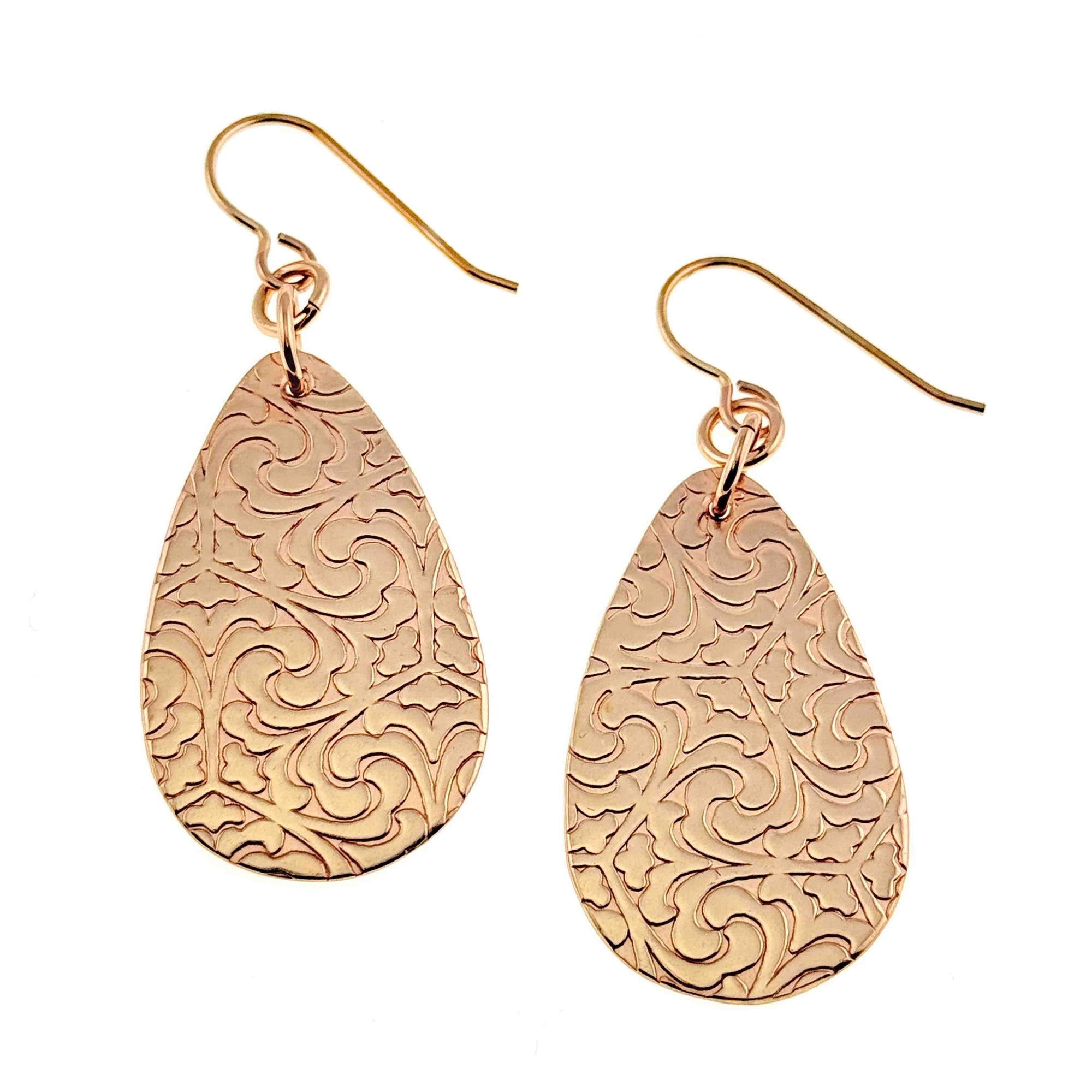 Bronze Damask Teardrop Earrings with intricate patterns on a white background