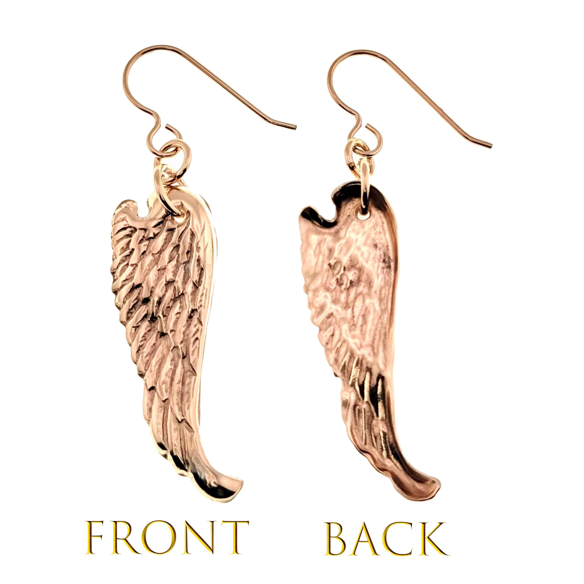 Bronze Guardian Angel Wing Drop Earrings showing front and back views on a white background.