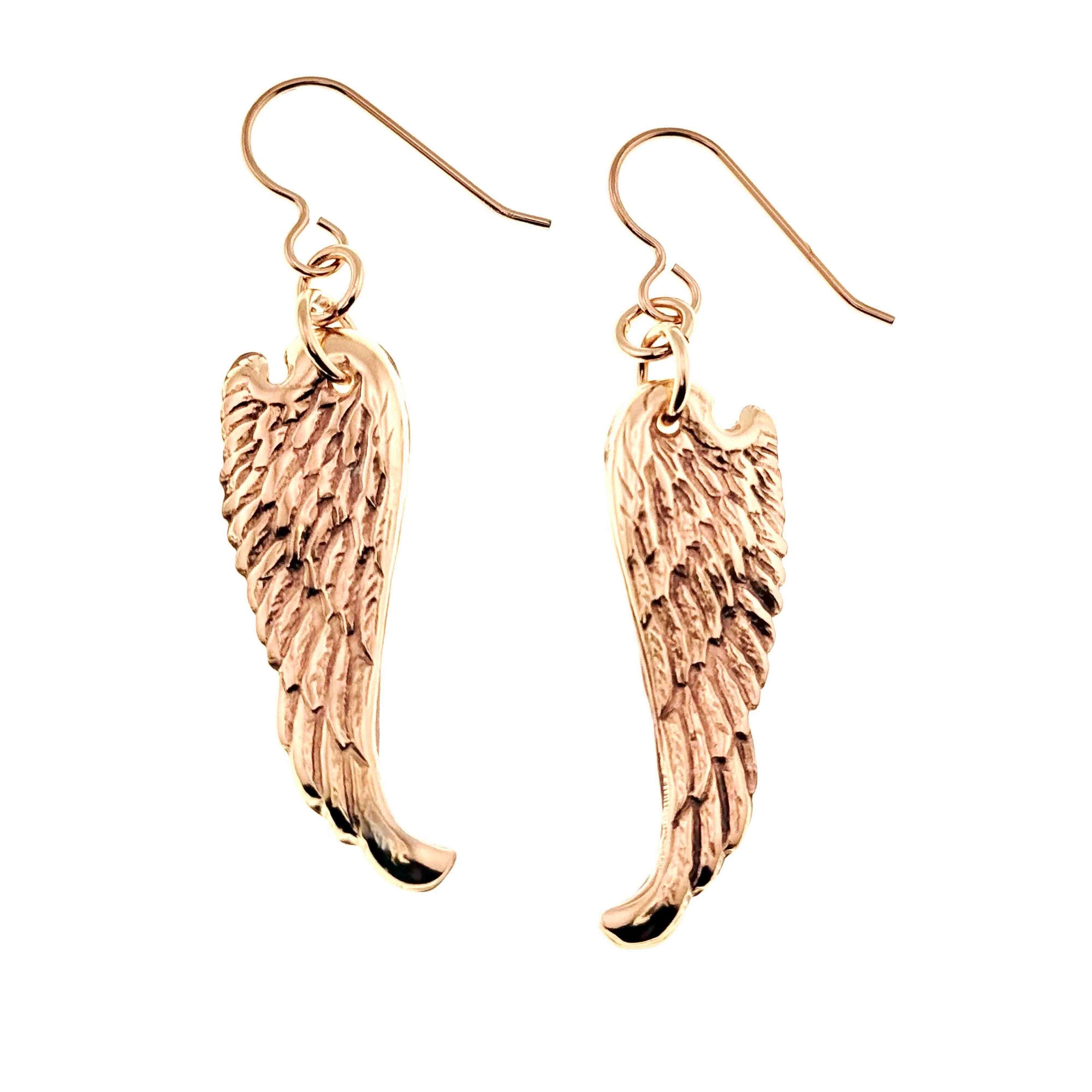 Bronze Guardian Angel Wing Drop Earrings on a white background
