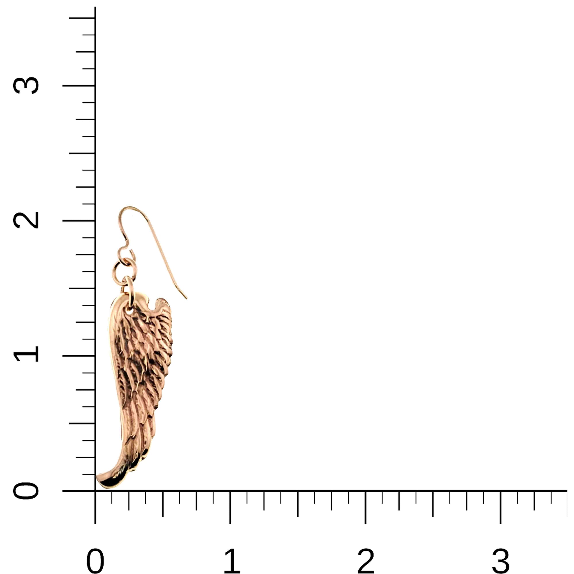 Bronze Guardian Angel Wing Drop Earring on a ruler for scale