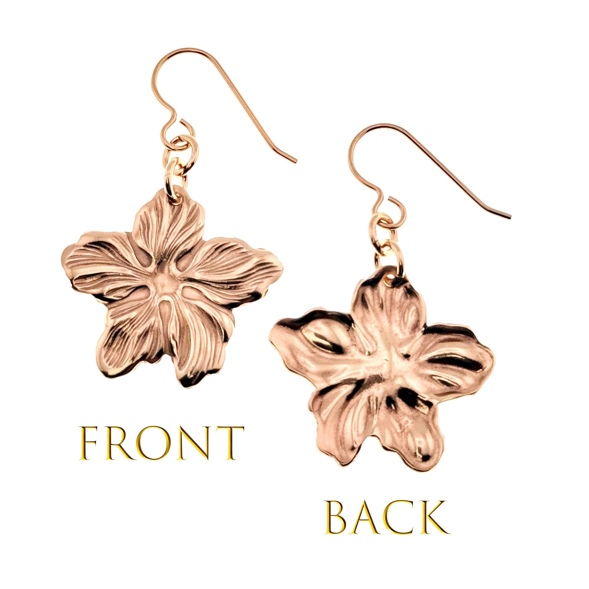 Bronze Hibiscus Flower Dangle Earrings showing front and back views on a white background