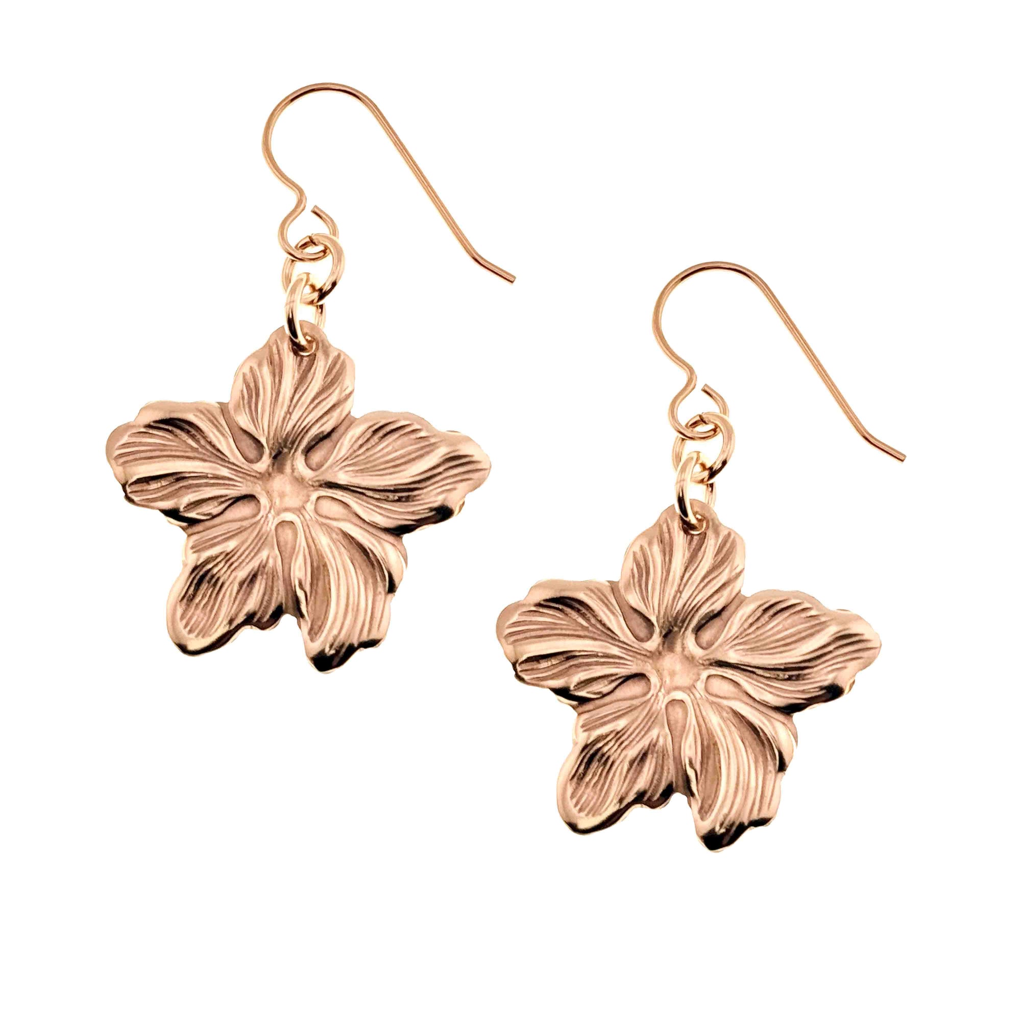 Bronze Hibiscus Flower Dangle Earrings on a white background