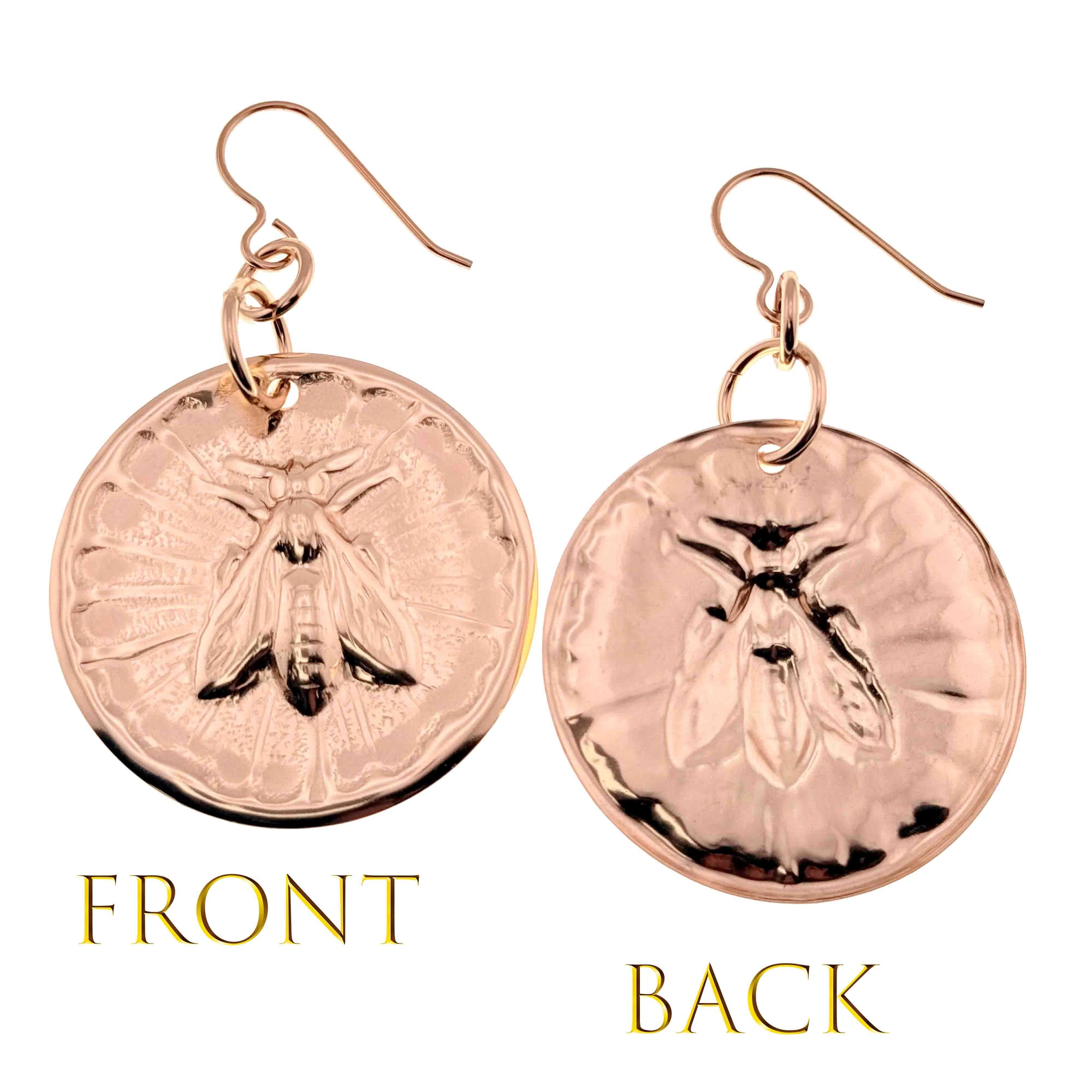 Bronze Queen Bee Disc Drop Earrings showing front and back views on a white background.