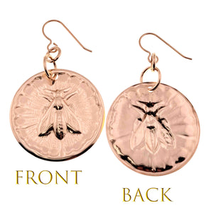 3 of 7: Bronze Queen Bee Disc Drop Earrings showing front and back views on a white background.