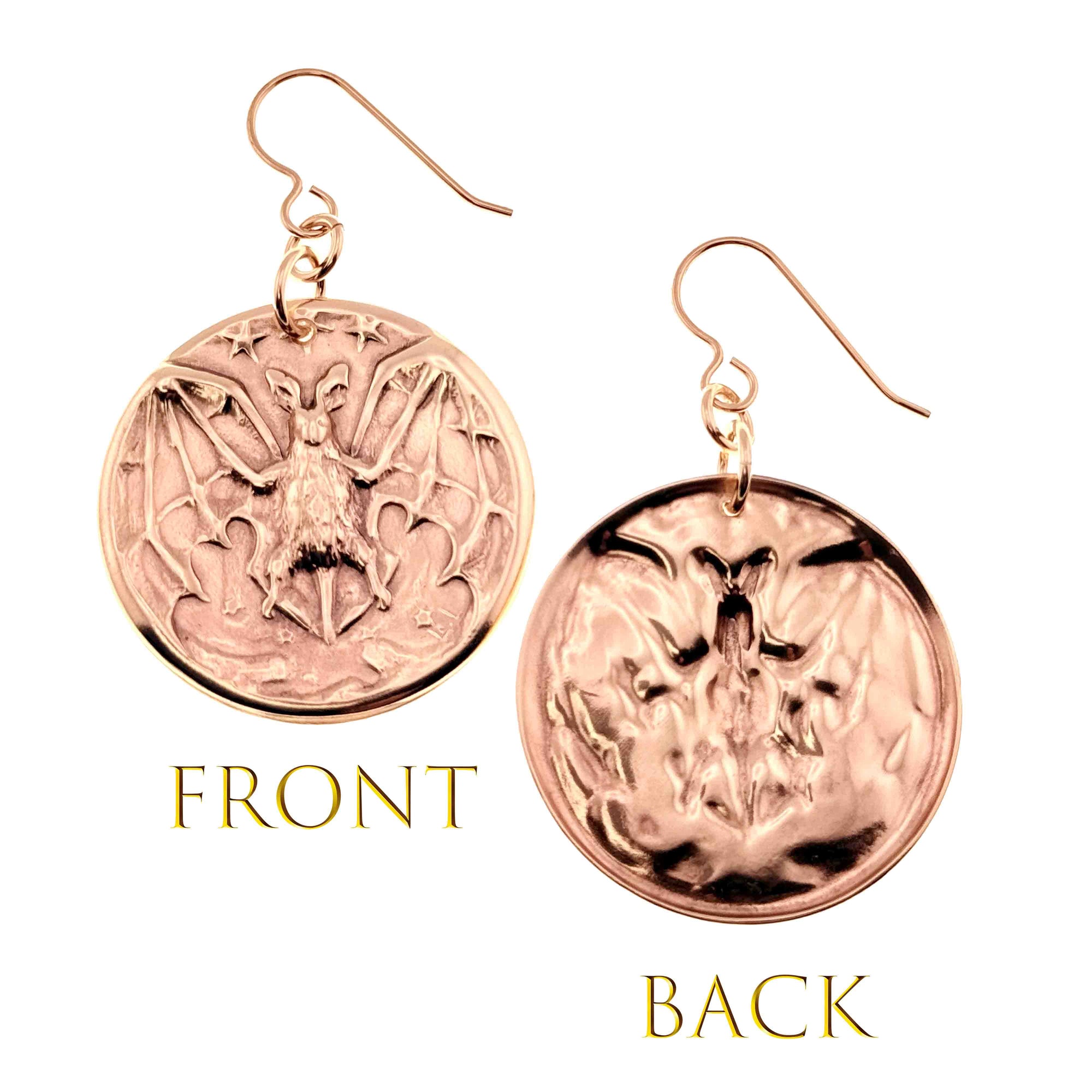 Bronze Vampire Bat Disc Dangle Earrings showing front and back views on a white background
