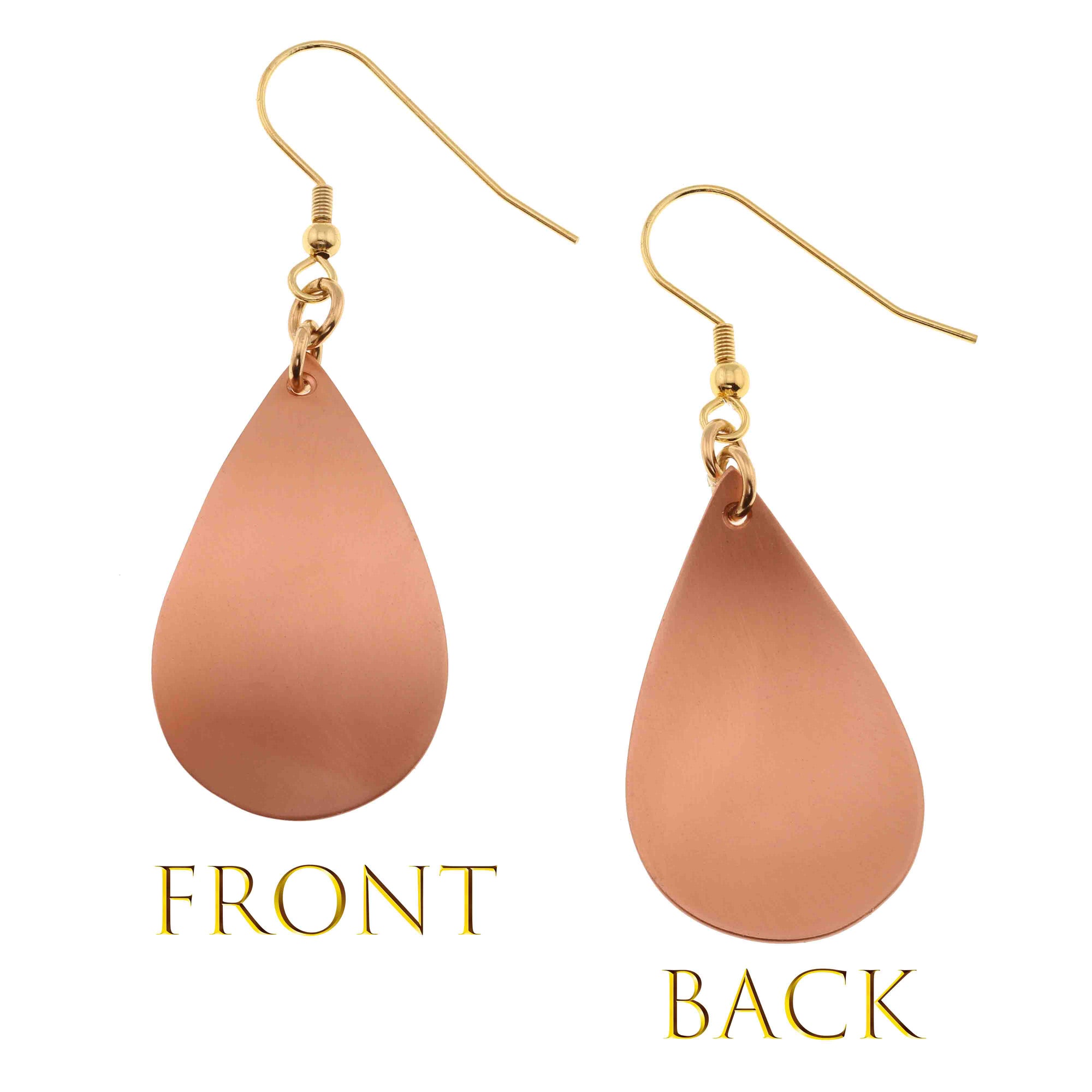 Front and Back Views of Brushed Copper Teardrop Earrings