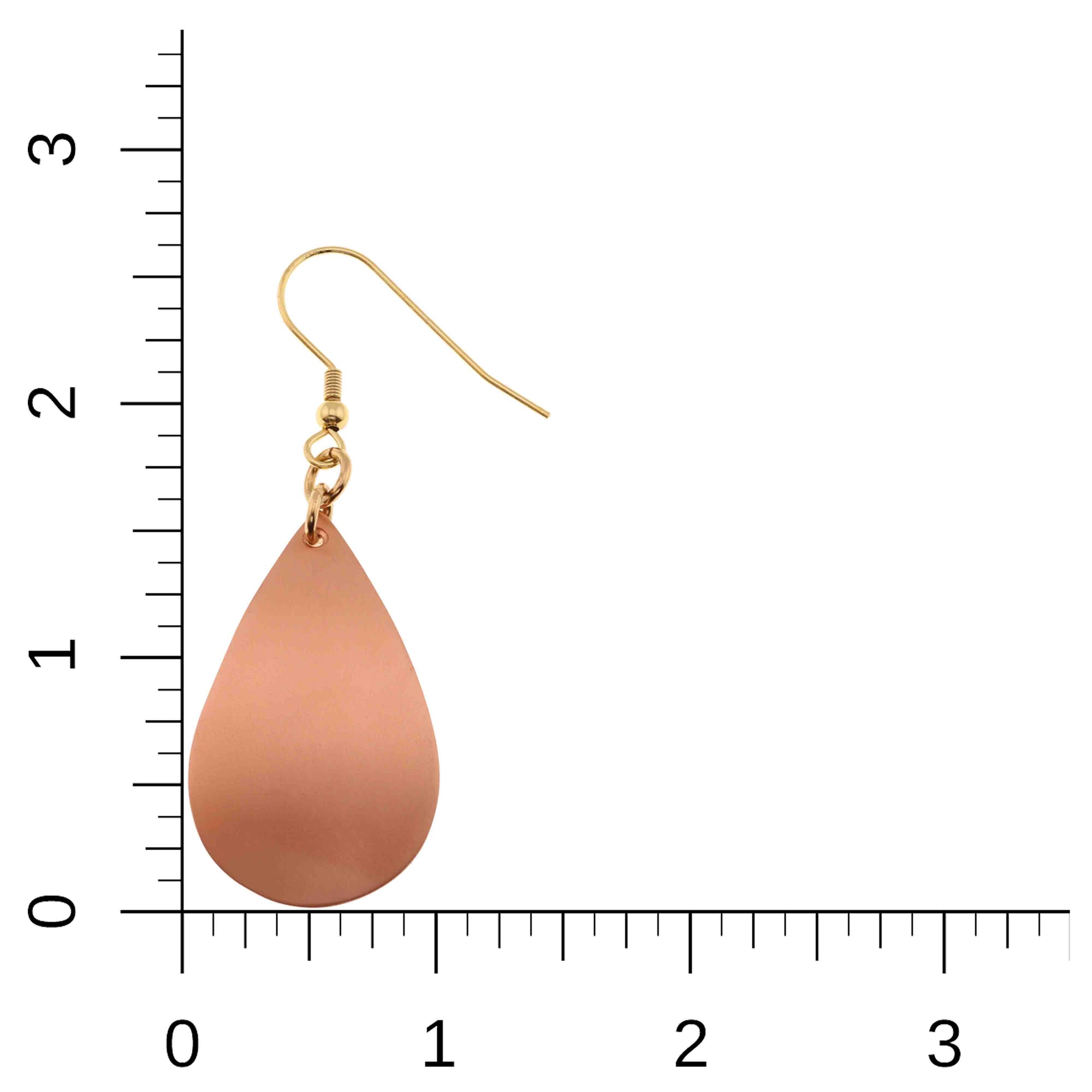 Brushed Copper Teardrop Earrings on a Ruler for Size Dimensions