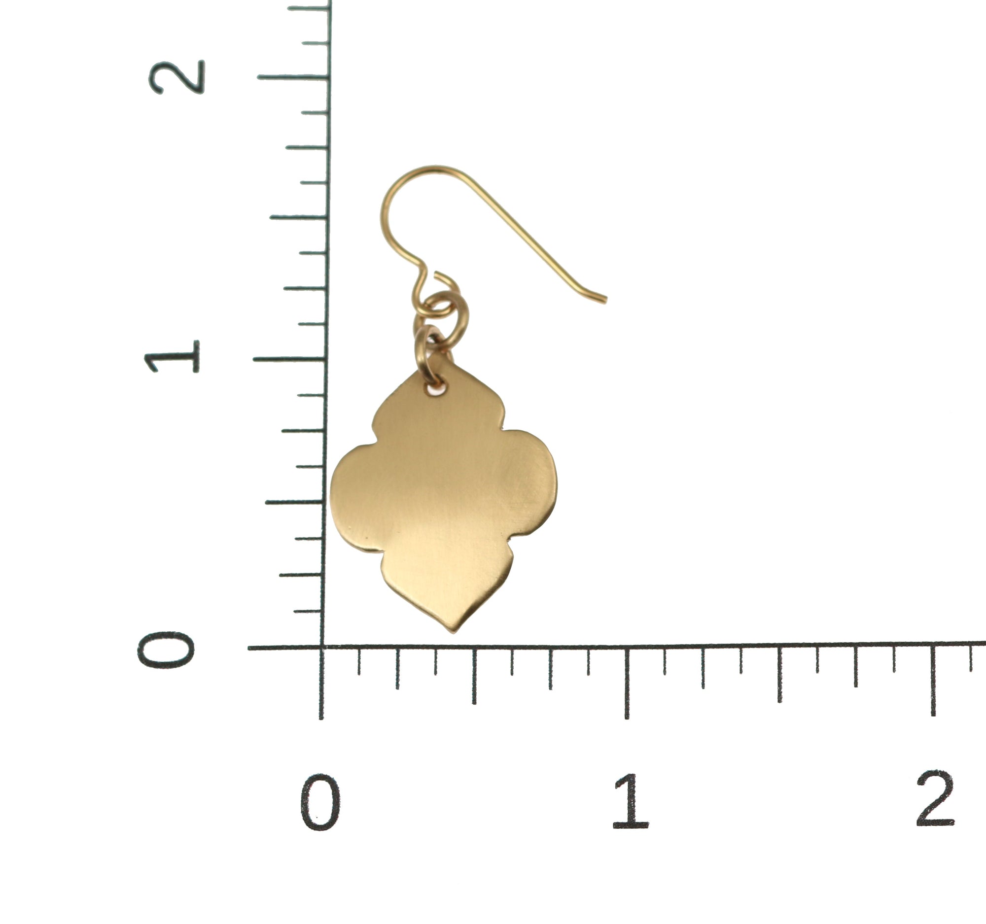 Scale of Brushed Bronze Quatrefoil Dangle Earrings on Ruler for Size Dimensions