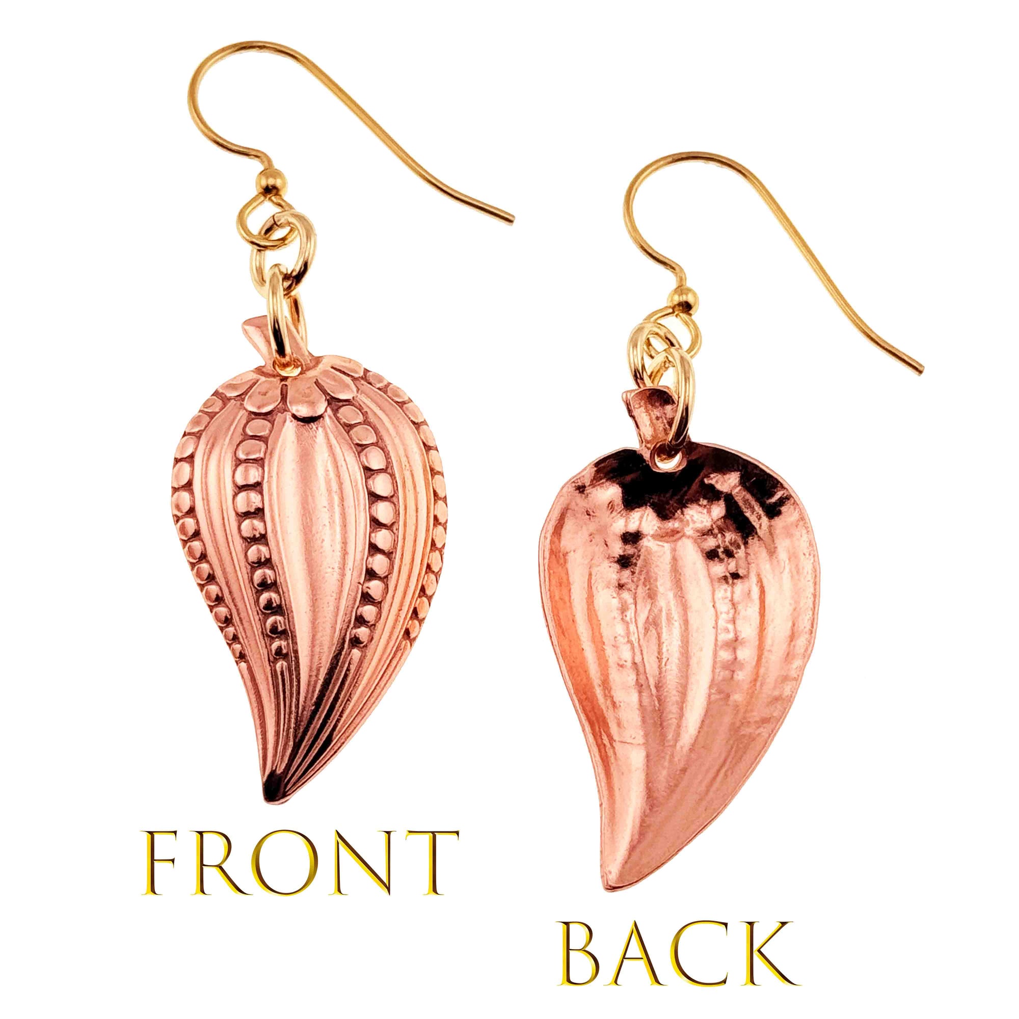 Chili Pepper Copper Drop Earrings showing front and back views on a white background.