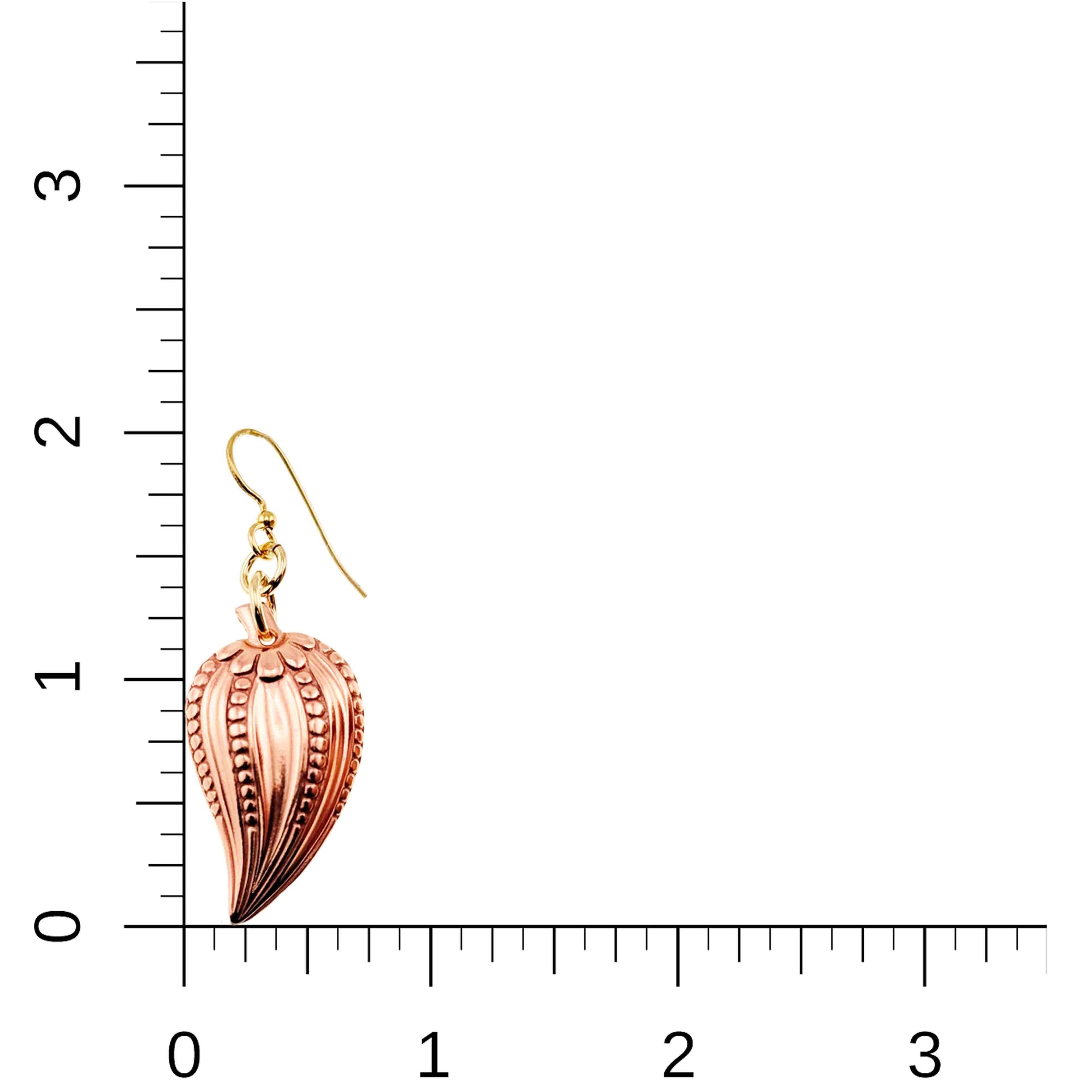 Chili Pepper Copper Drop Earring on a Ruler for Size Dimensions