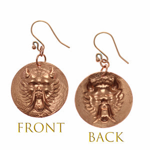3 of 7: Front and Back View of Chinese Foo Dog Copper Disc Earrings