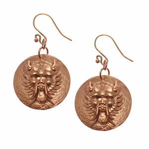1 of 7: A Pair of Chinese Foo Dog Copper Disc Earrings on a White Background
