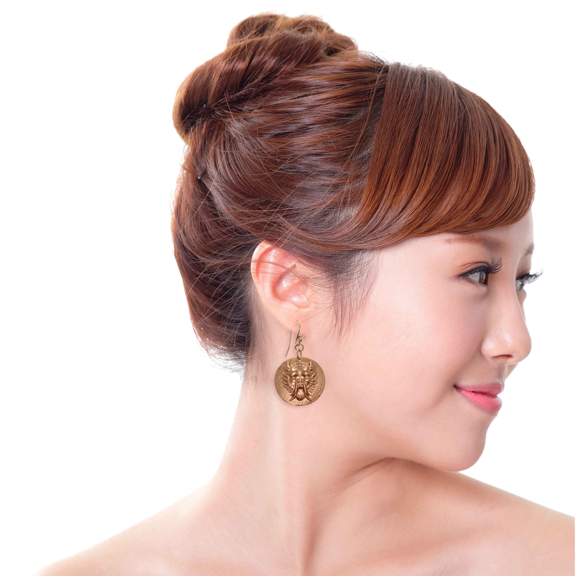 Asian Woman Wearing Chinese Foo Dog Copper Disc Earrings