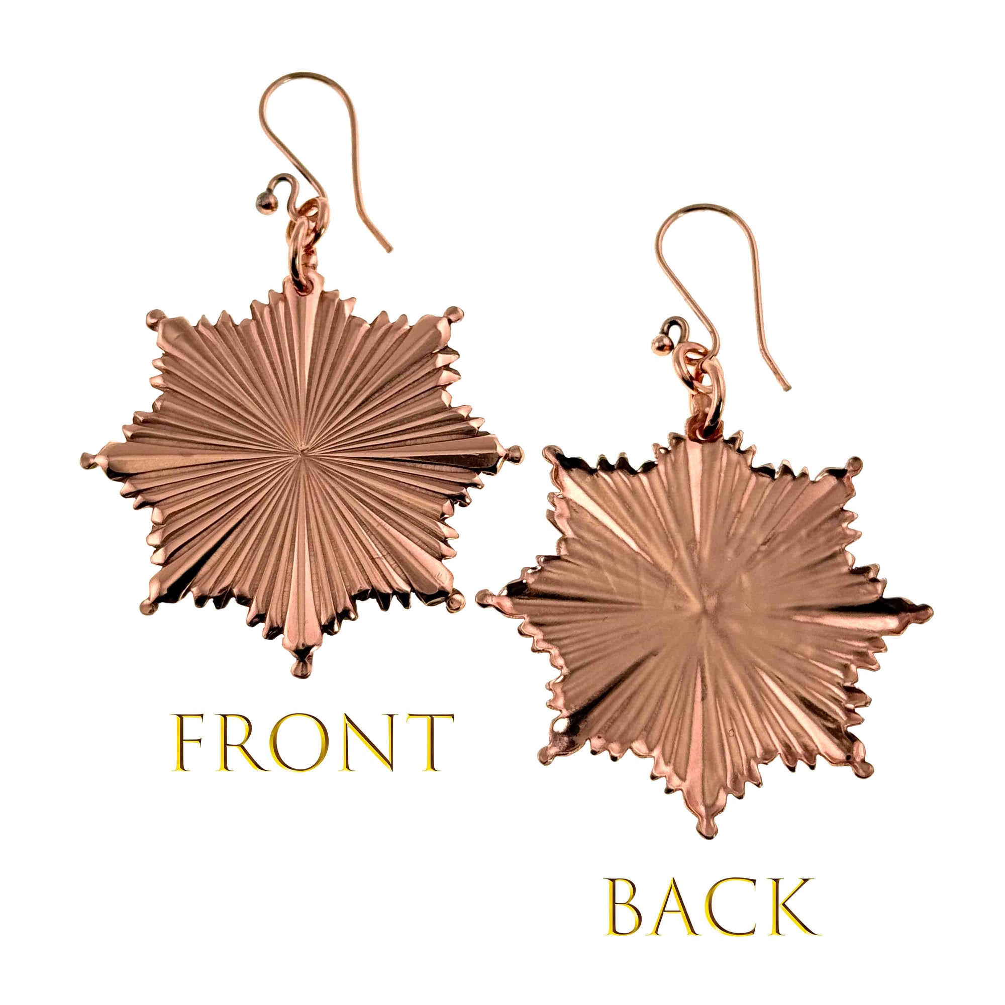 Christmas Starburst Copper Earrings showing front and back views on a white background
