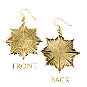 3 of 7: Christmas Starburst Nu Gold Brass Earrings showing front and back views on a white background