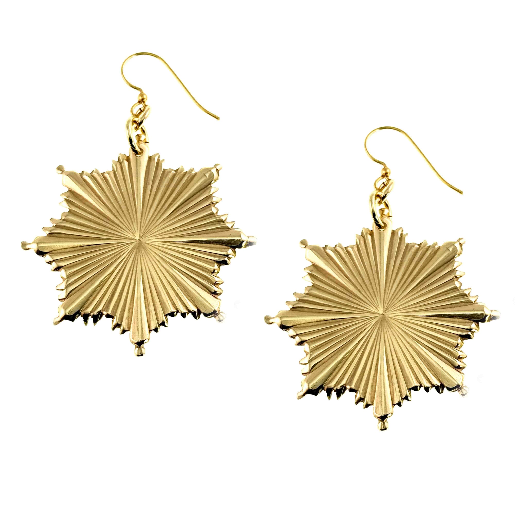 Christmas Starburst Nu Gold Brass Earrings on a white background