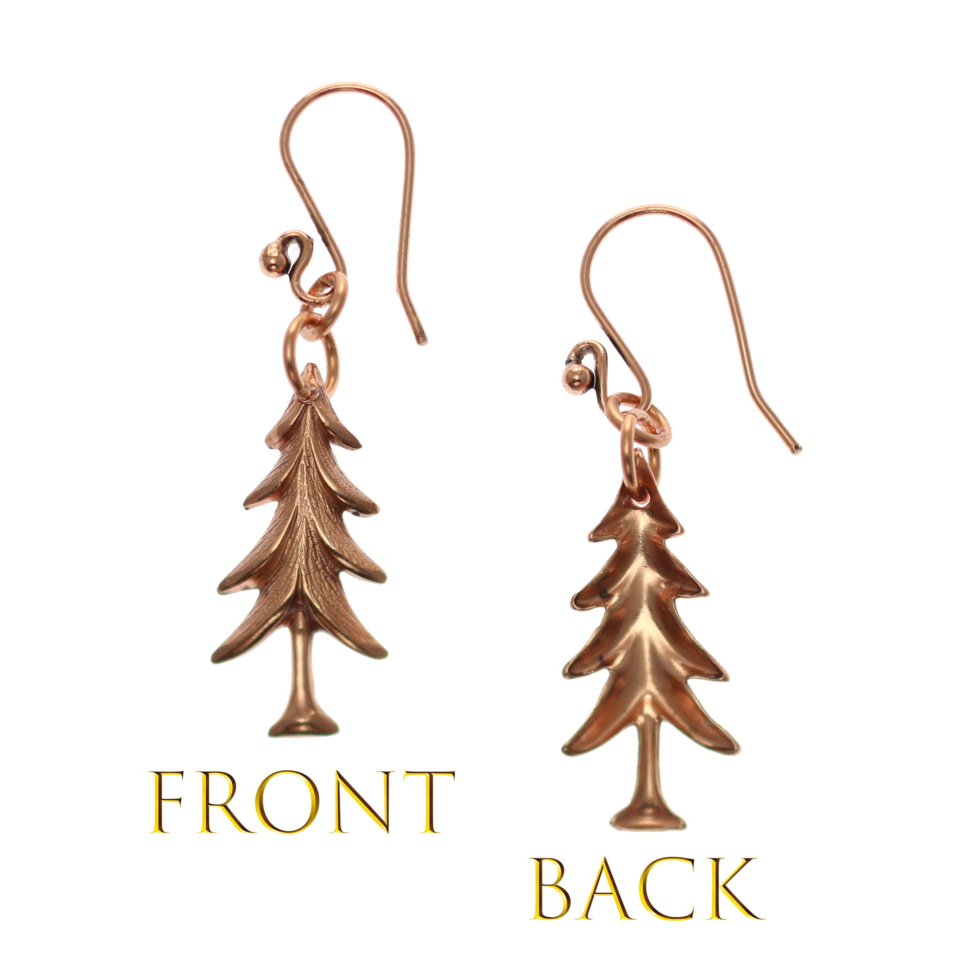 Christmas Tree Charm Copper Dangle Earrings - Front and Back View