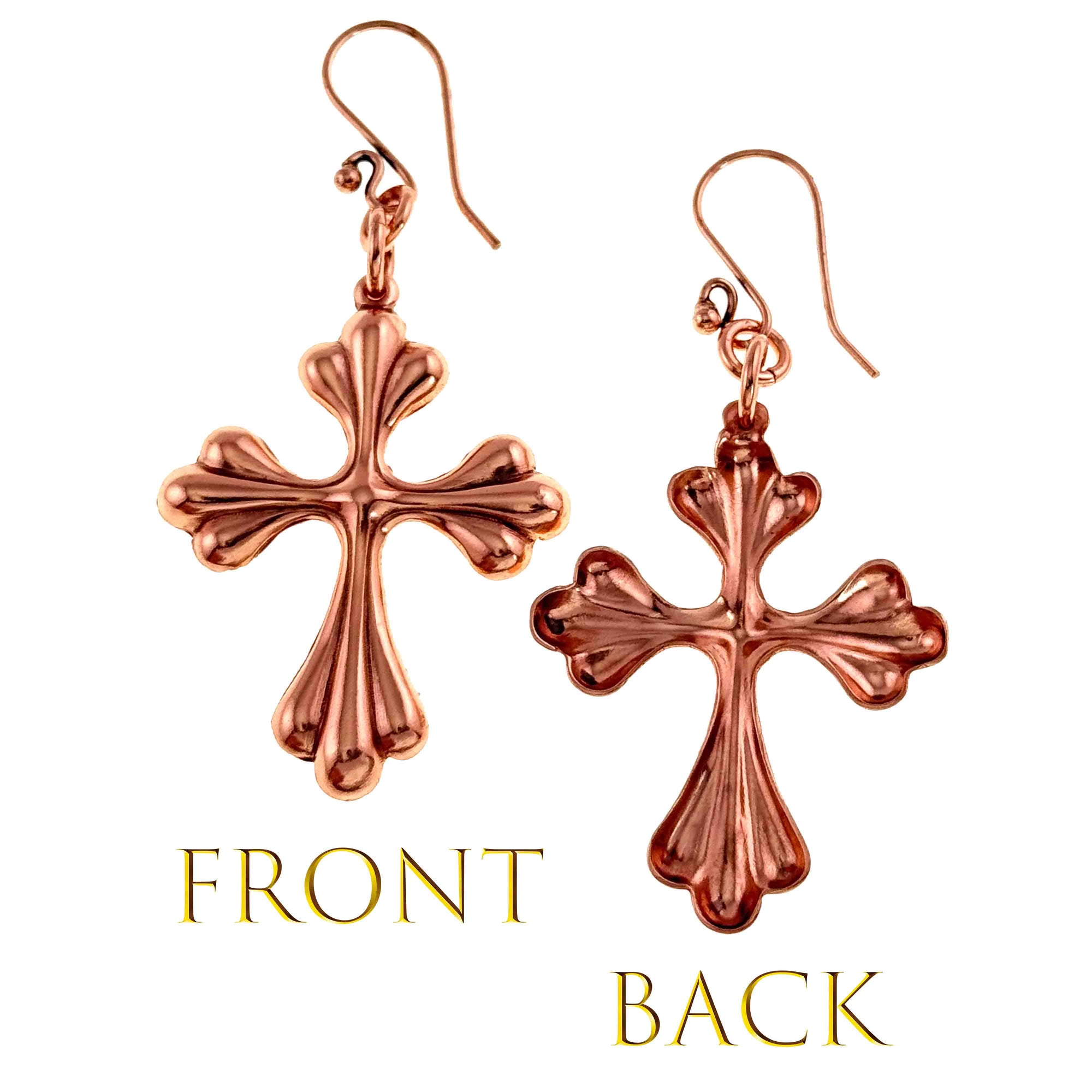 Copper Baroque Cross Drop Earrings with 'Front' and 'Back' labels on a white background