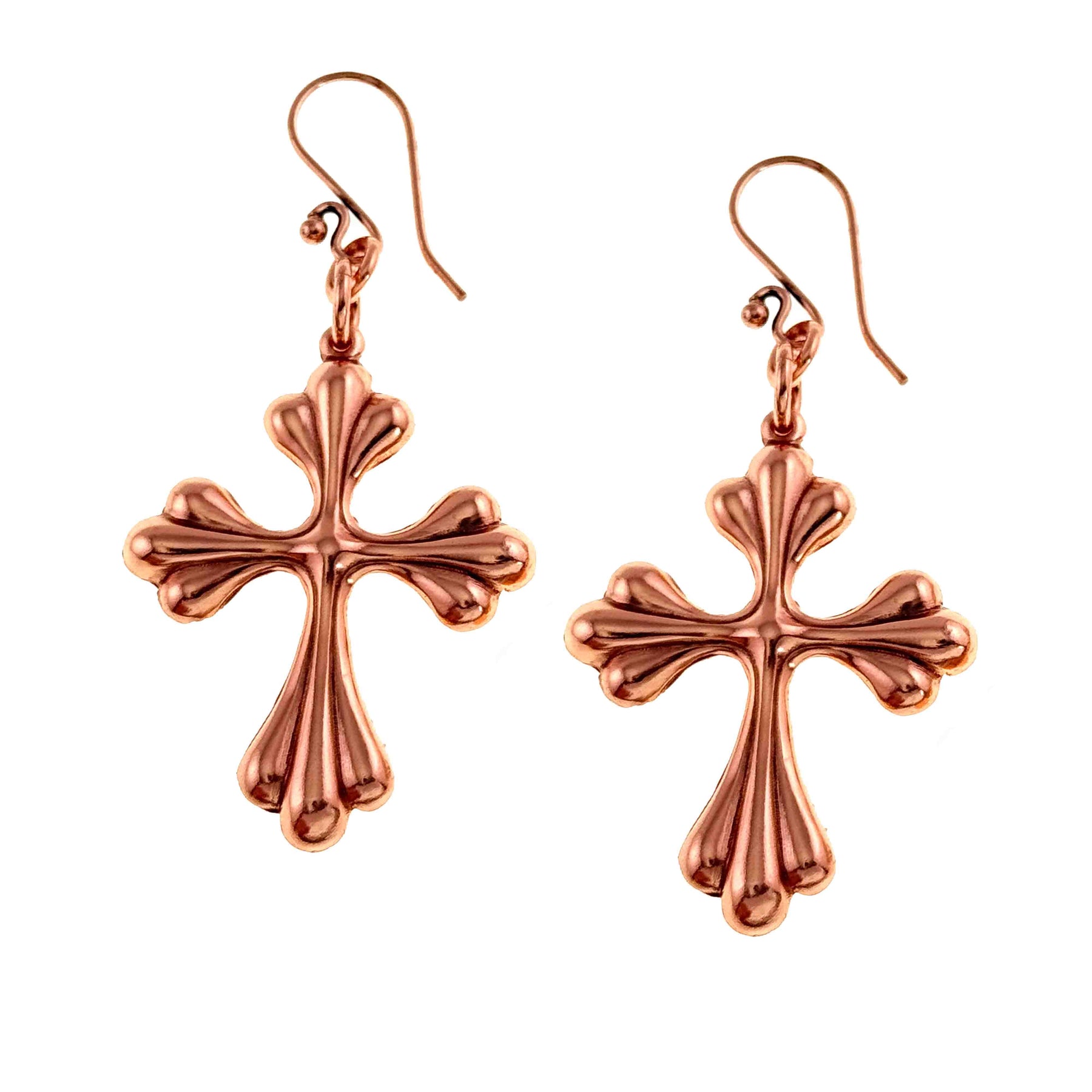 A Pair of Copper Baroque Cross Drop Earrings on a White Background