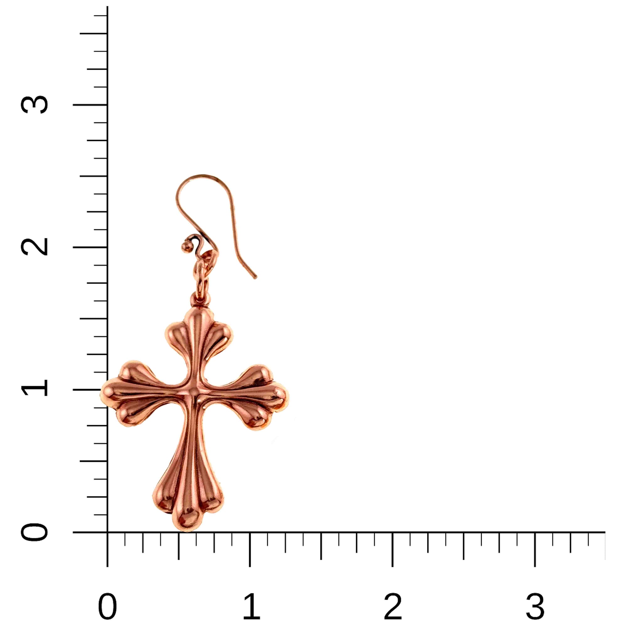 Copper Baroque Cross Drop Earring on a white background with a ruler for scale.